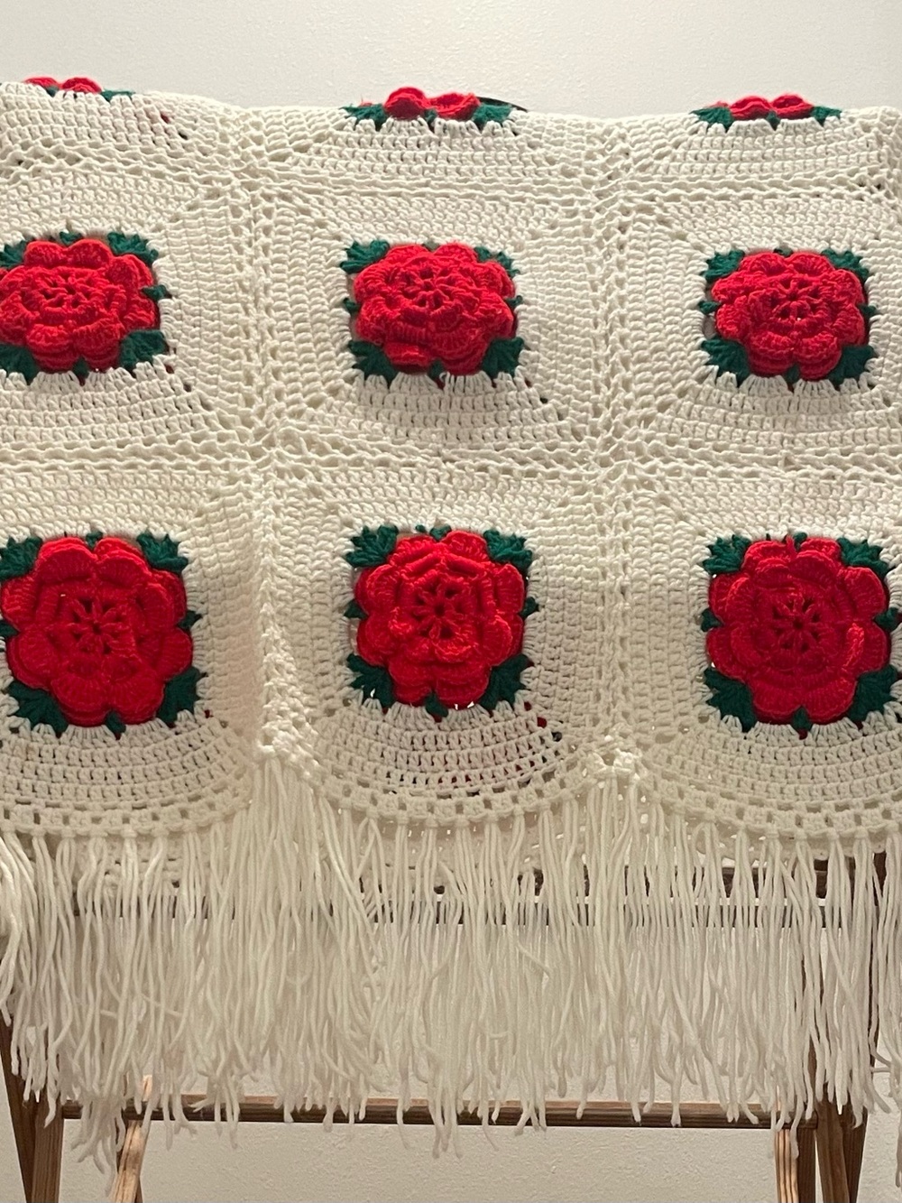 Vintage Granny Square 3D Rose Throw Blanket Afghan Cabbage Rose Christmas